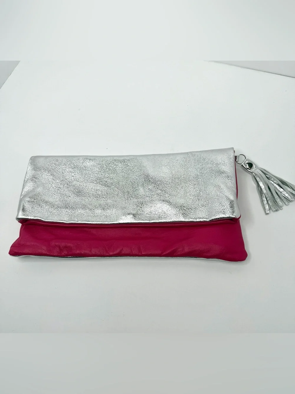 Harman Ebner Fold Over Italian Leather Clutch Silver Hot Pink Date Night Cruise